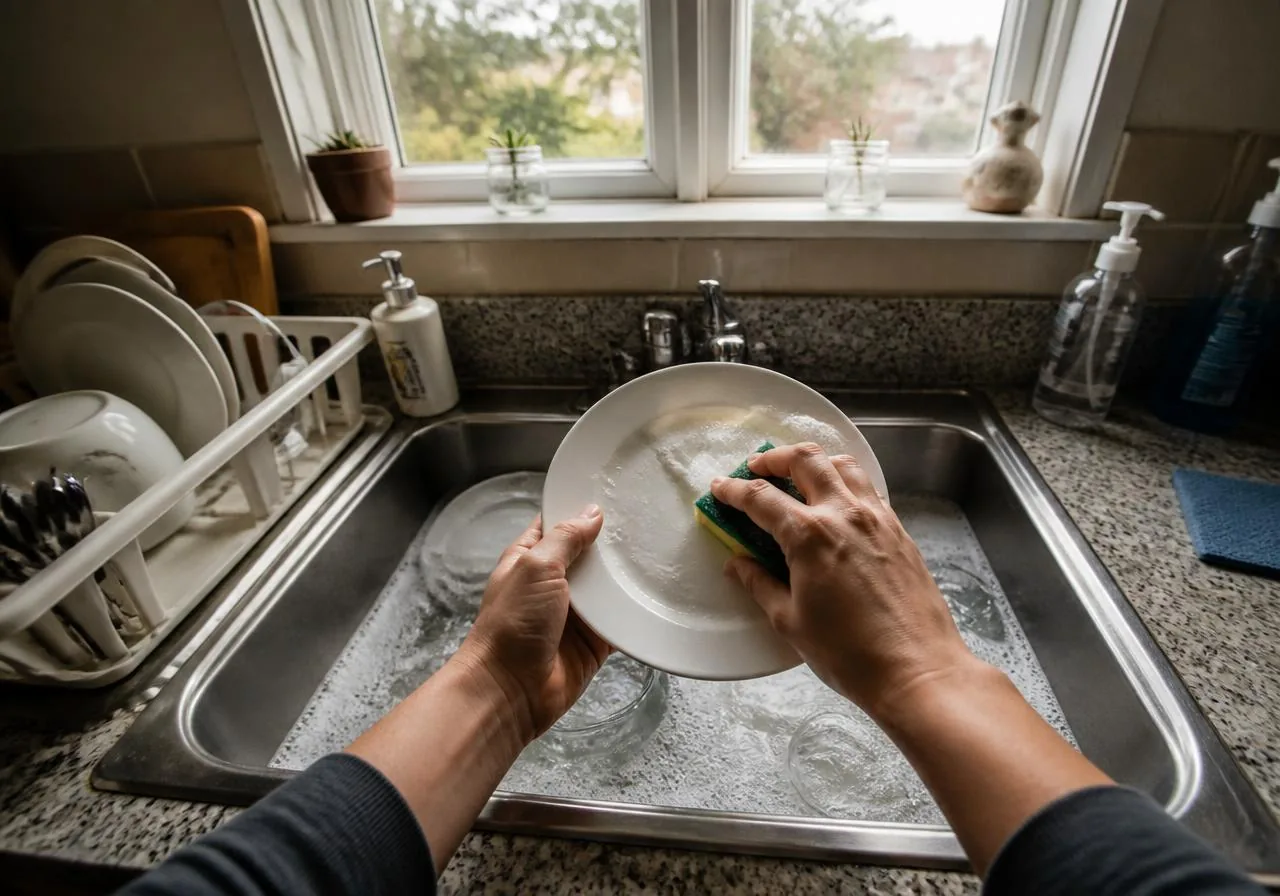 Mãos lavando louça em primeira pessoa